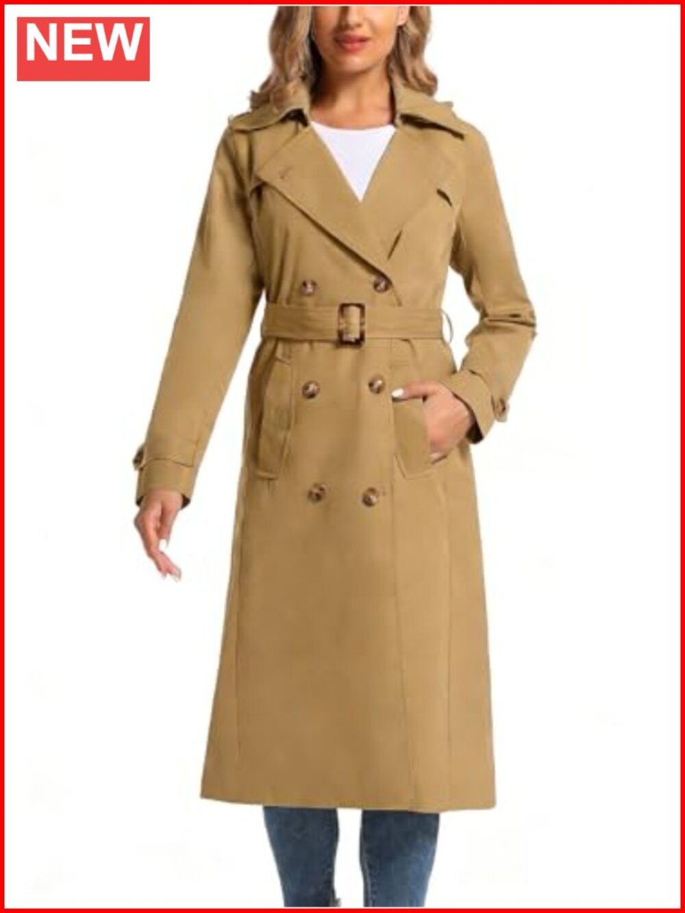 Waterproof Long Trench Coat Double Breasted Removable Hood Belt